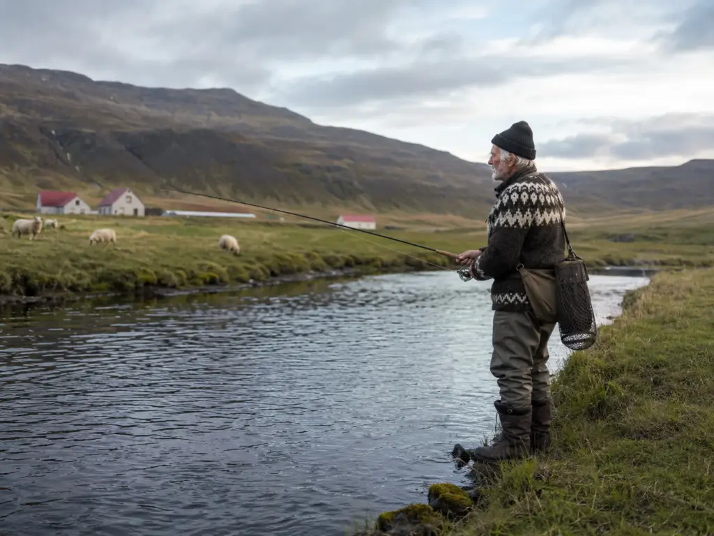 Bóndi að veiðum, ath. myndin er gerð með AI.